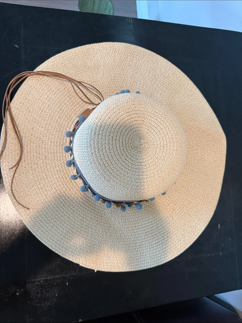 Straw Wide-Brim Sun Hat with Grey Pom Trim